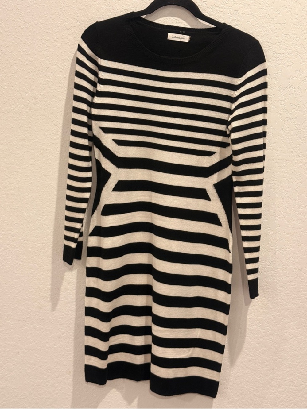 Calvin Klein Black and White Striped Long Sleeve Knit Dress
